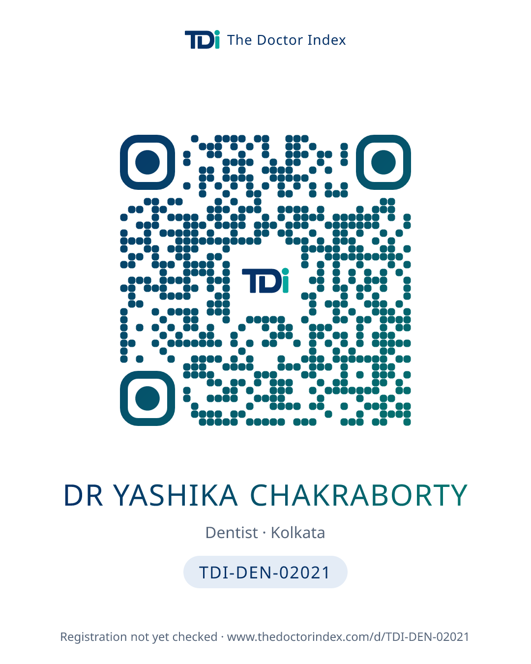 QR card for Dr Yashika Chakraborty, TDI-DEN-02021