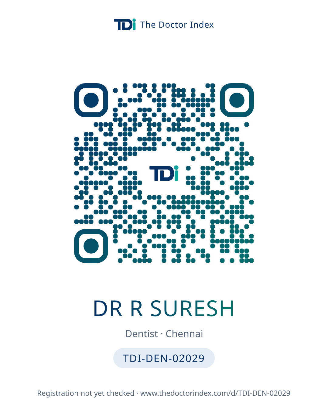 QR card for Dr R Suresh, TDI-DEN-02029