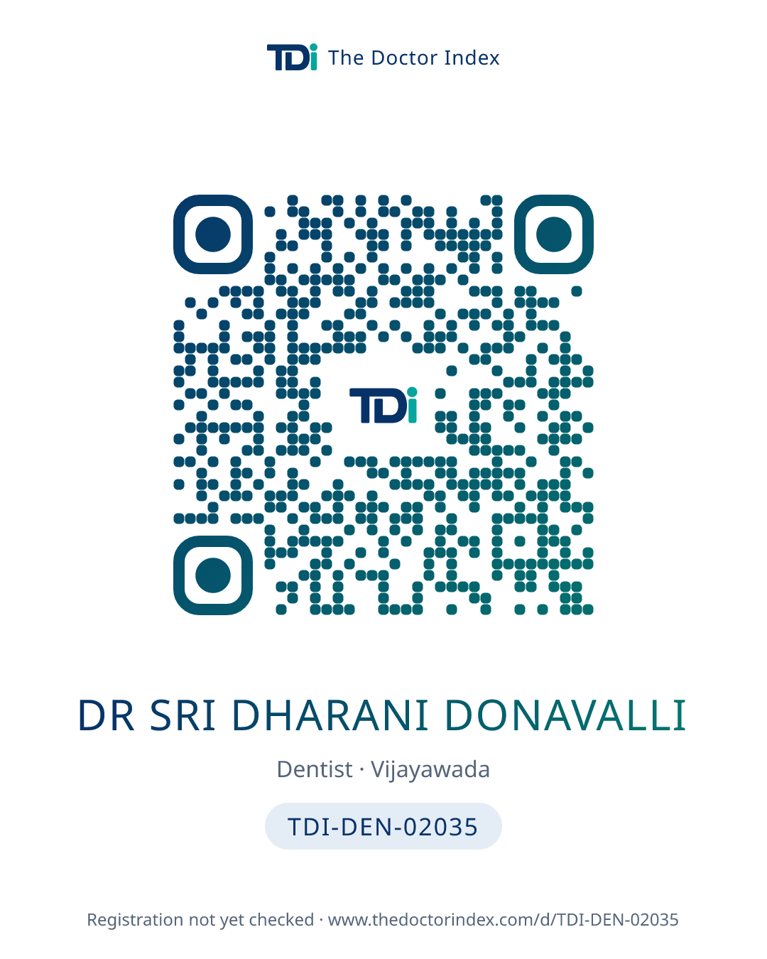 QR card for Dr Sri Dharani Donavalli, TDI-DEN-02035