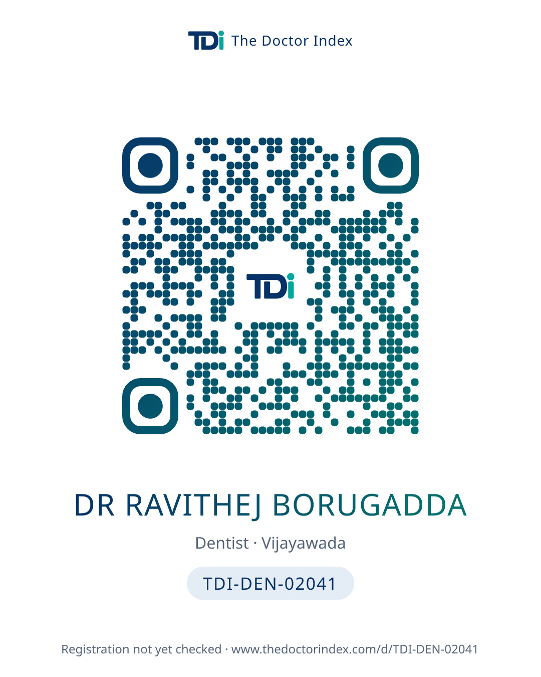 QR card for Dr Ravithej Borugadda, TDI-DEN-02041