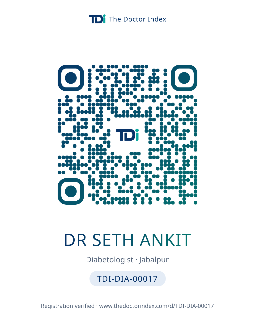 QR card for Dr Seth Ankit, TDI-DIA-00017