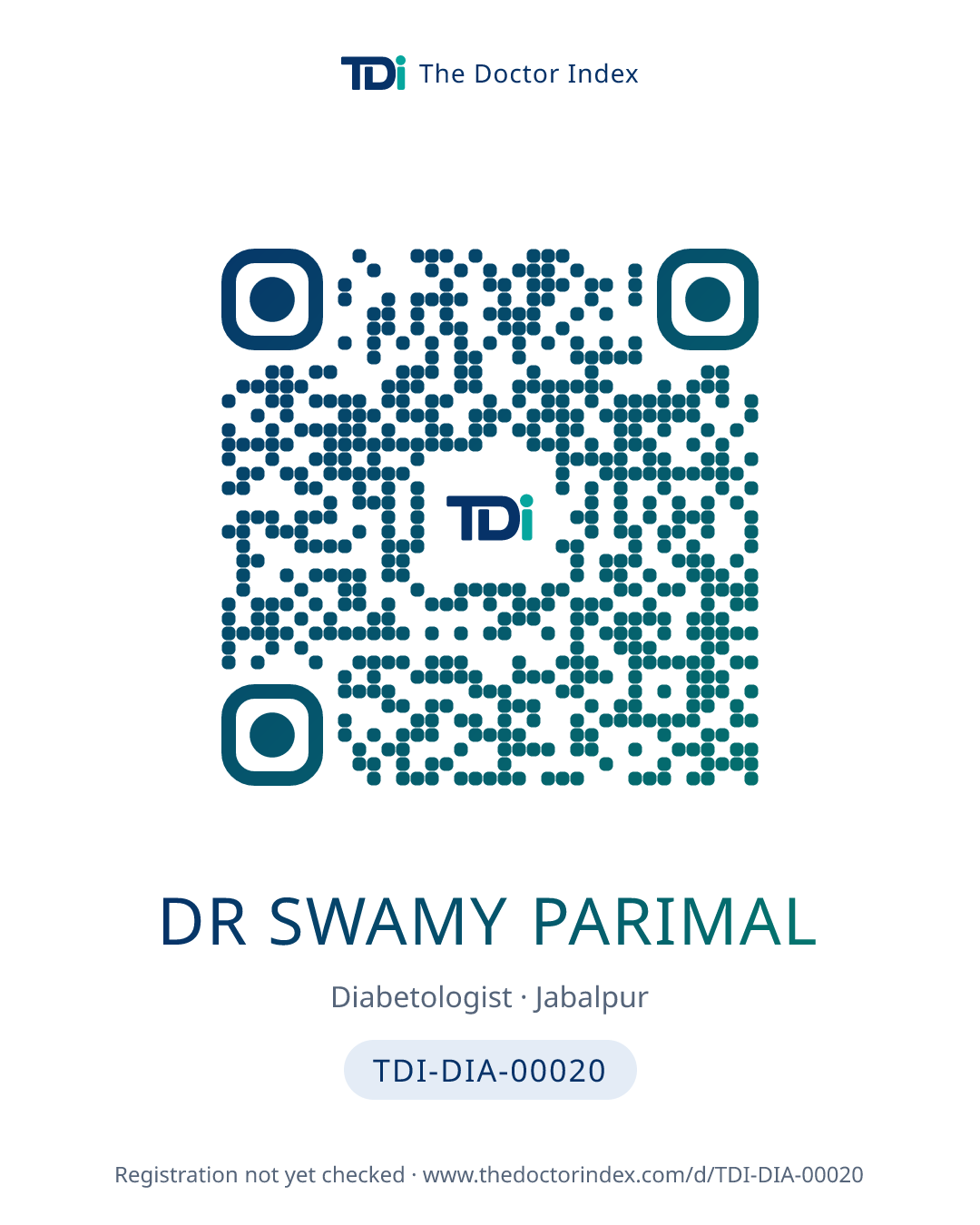 QR card for Dr Swamy Parimal, TDI-DIA-00020