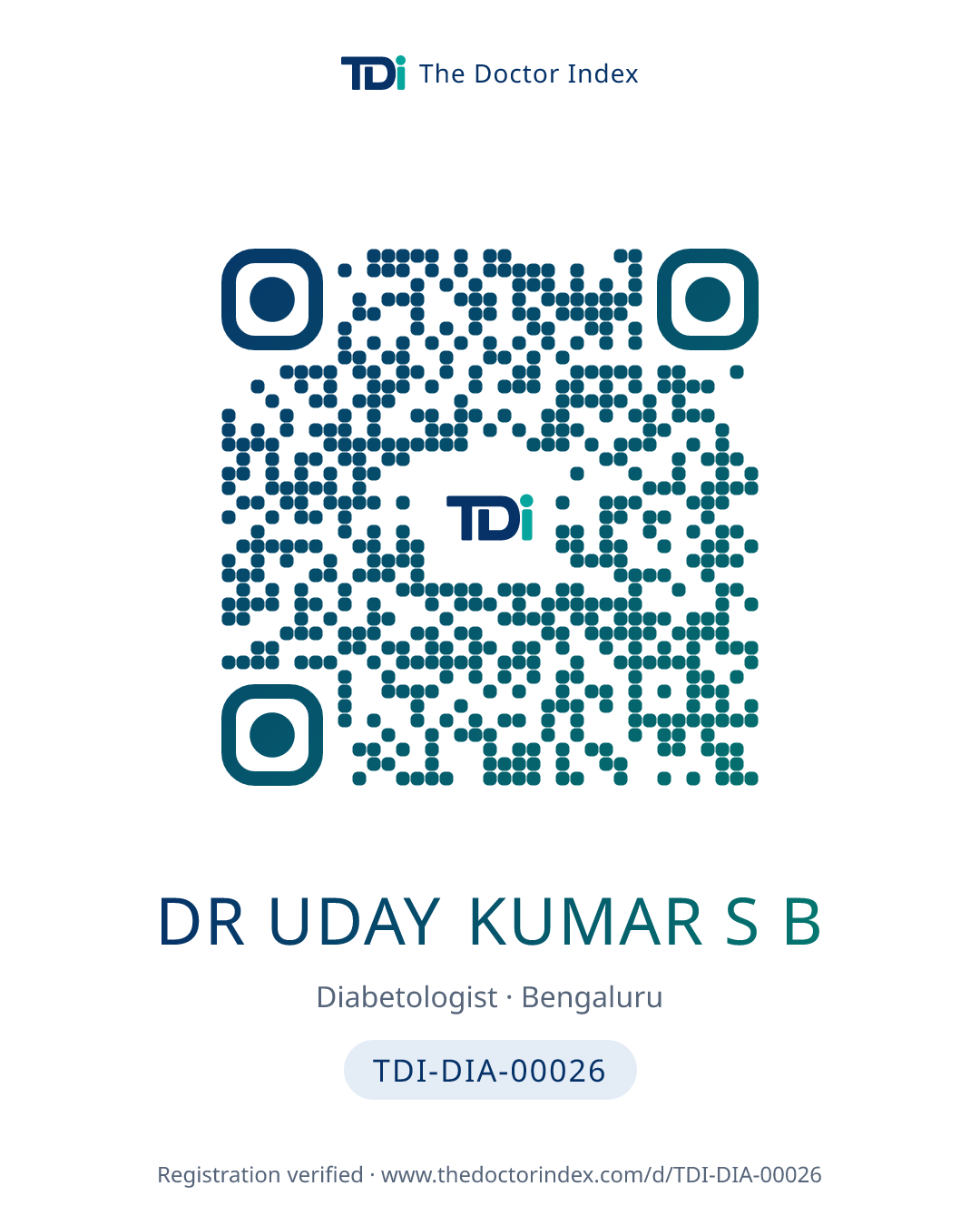 QR card for Dr Uday Kumar S B, TDI-DIA-00026