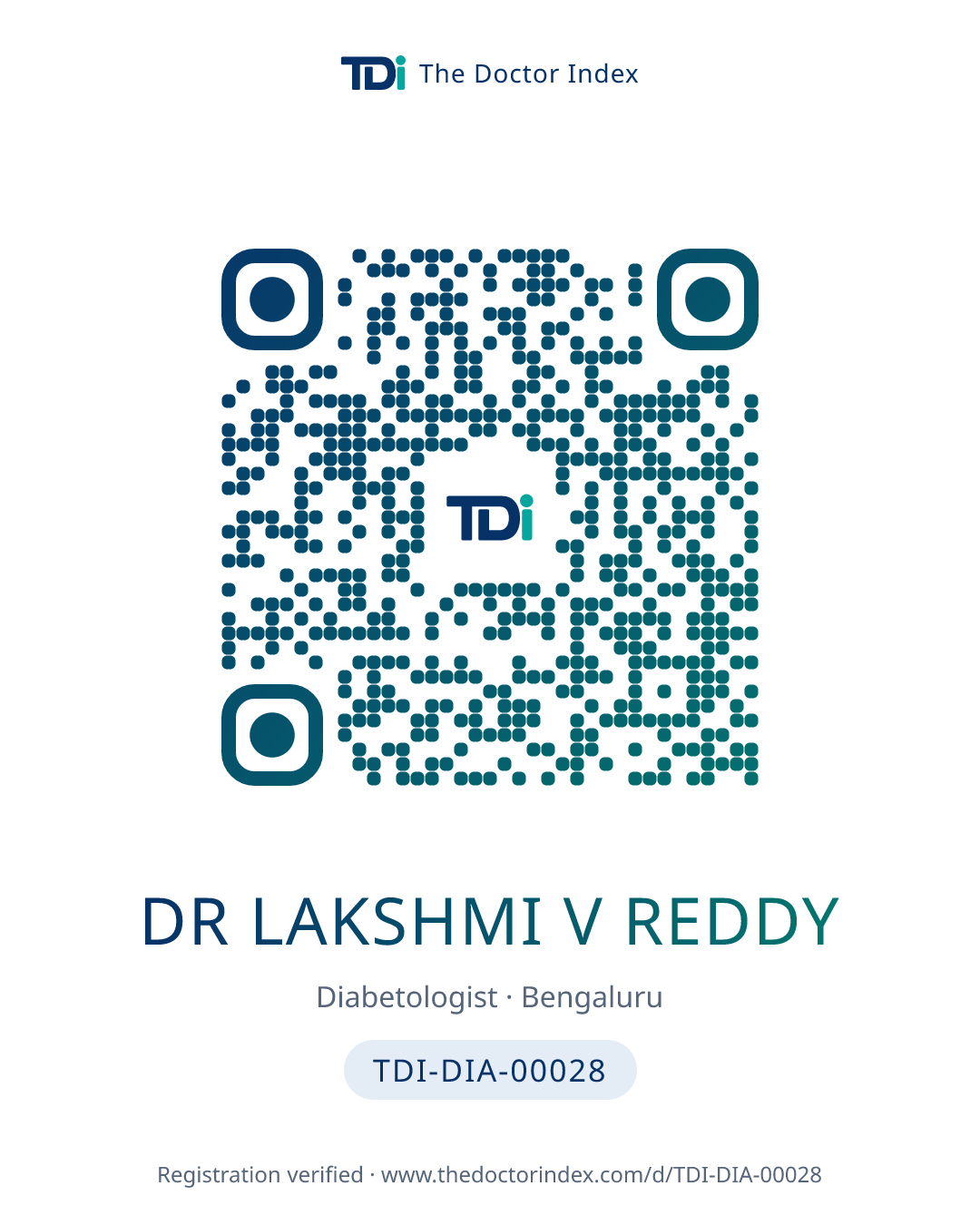 QR card for Dr Lakshmi V Reddy, TDI-DIA-00028