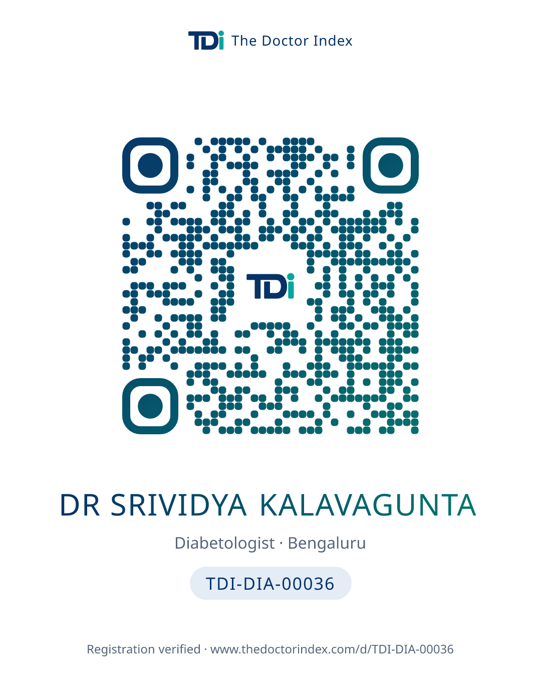 QR card for Dr Srividya Kalavagunta, TDI-DIA-00036