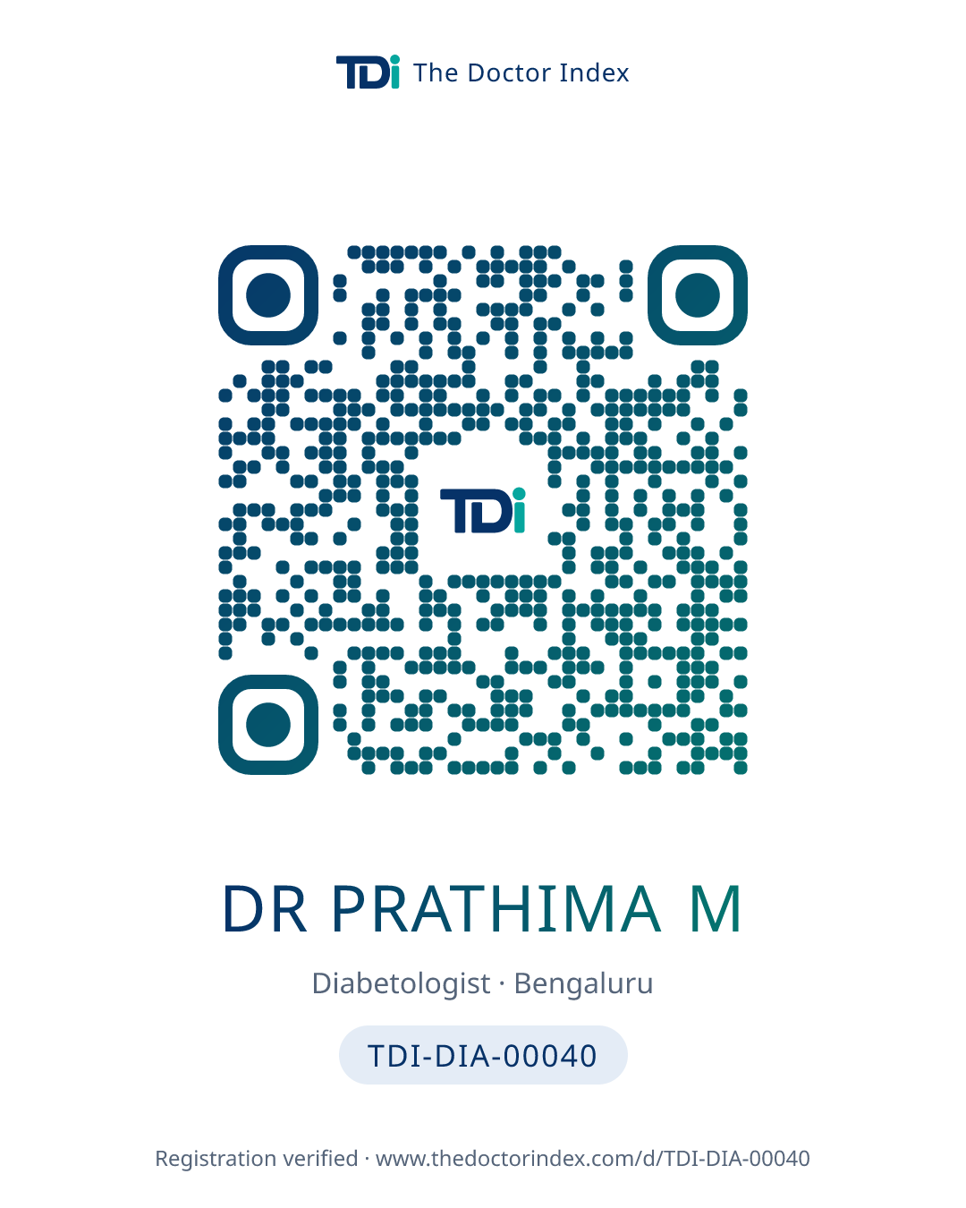 QR card for Dr Prathima M, TDI-DIA-00040