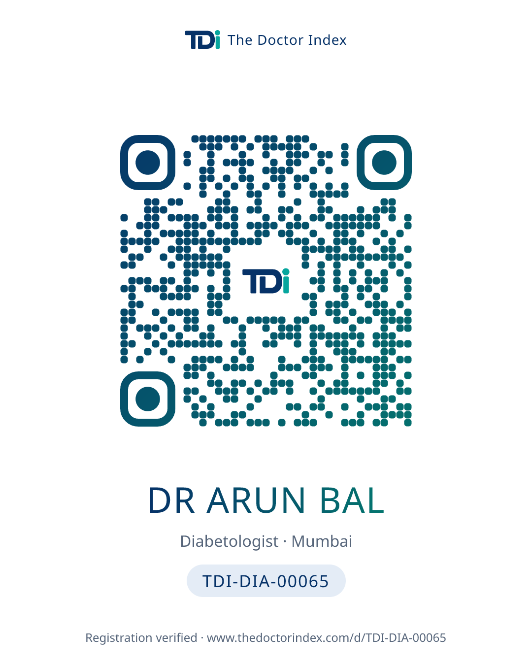 QR card for Dr Arun Bal, TDI-DIA-00065