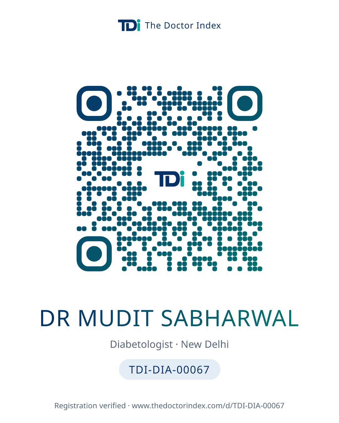 QR card for Dr Mudit Sabharwal, TDI-DIA-00067