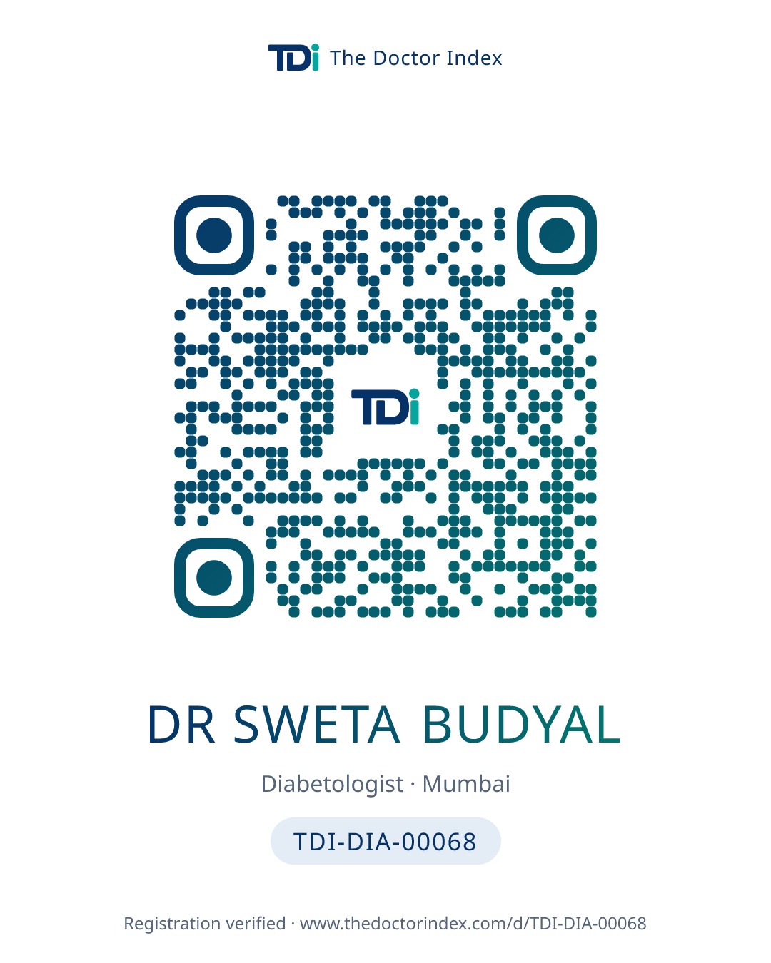 QR card for Dr Sweta Budyal, TDI-DIA-00068