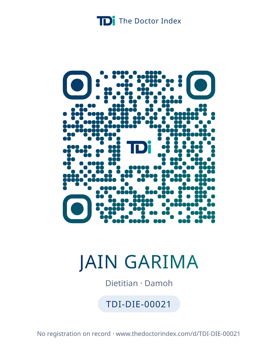 QR card for Jain Garima, TDI-DIE-00021