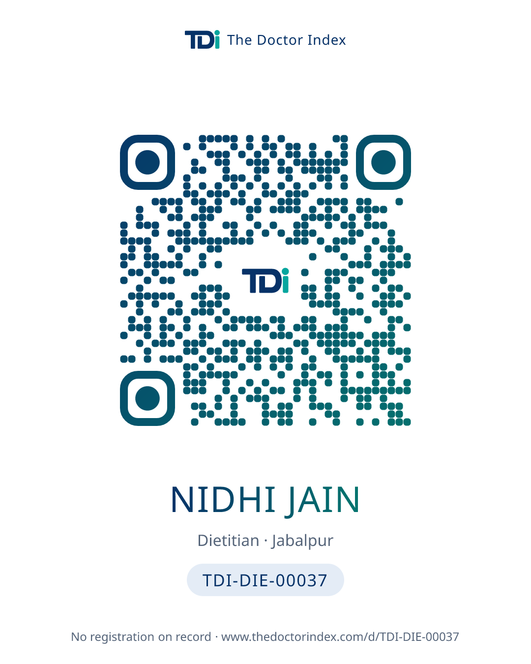QR card for Nidhi Jain, TDI-DIE-00037