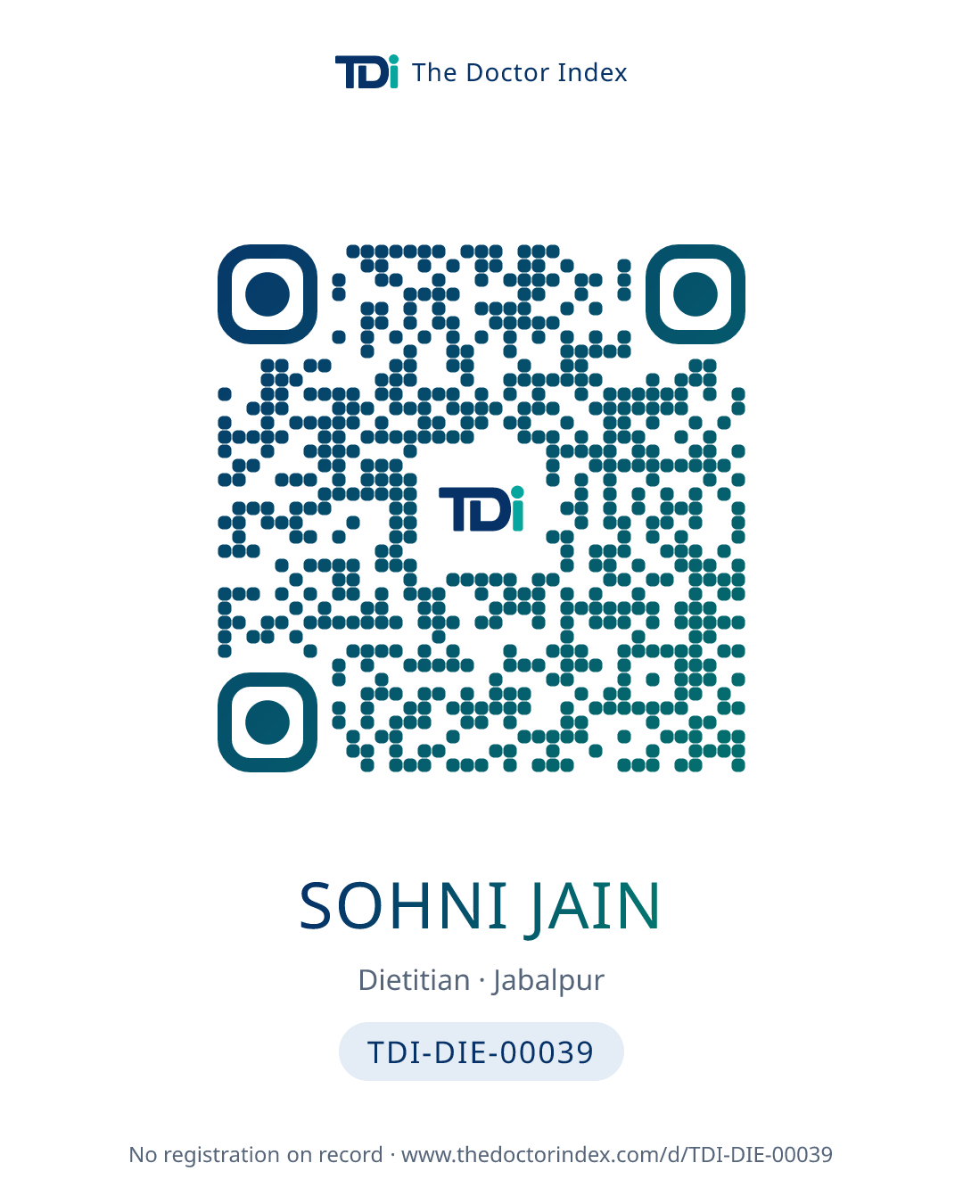 QR card for Sohni Jain, TDI-DIE-00039