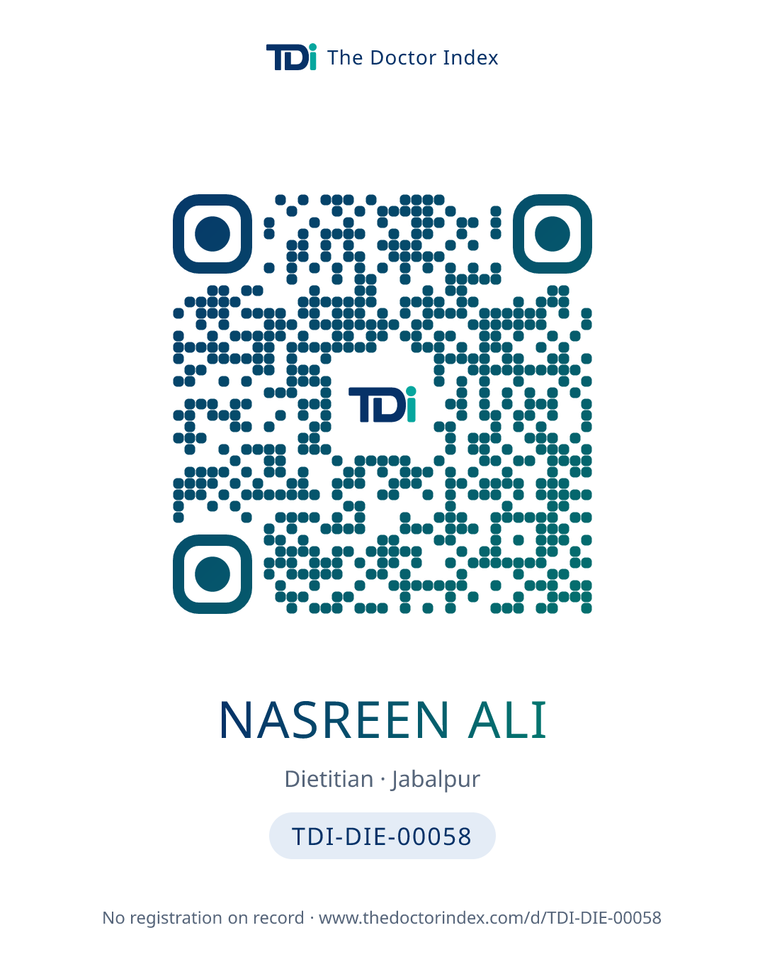 QR card for Nasreen Ali, TDI-DIE-00058
