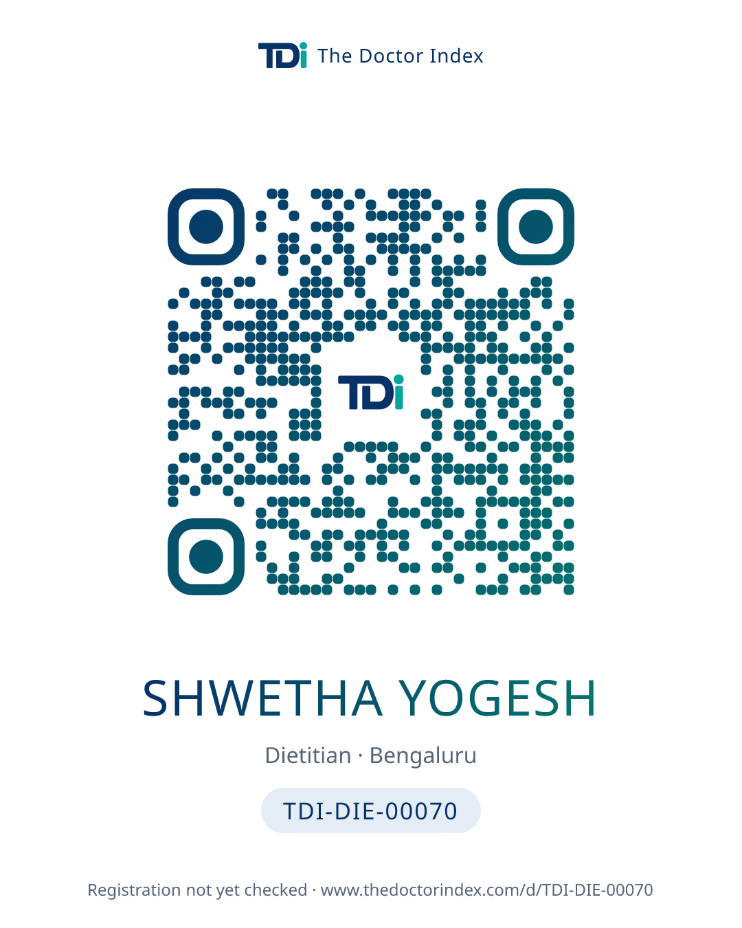 QR card for Shwetha Yogesh, TDI-DIE-00070