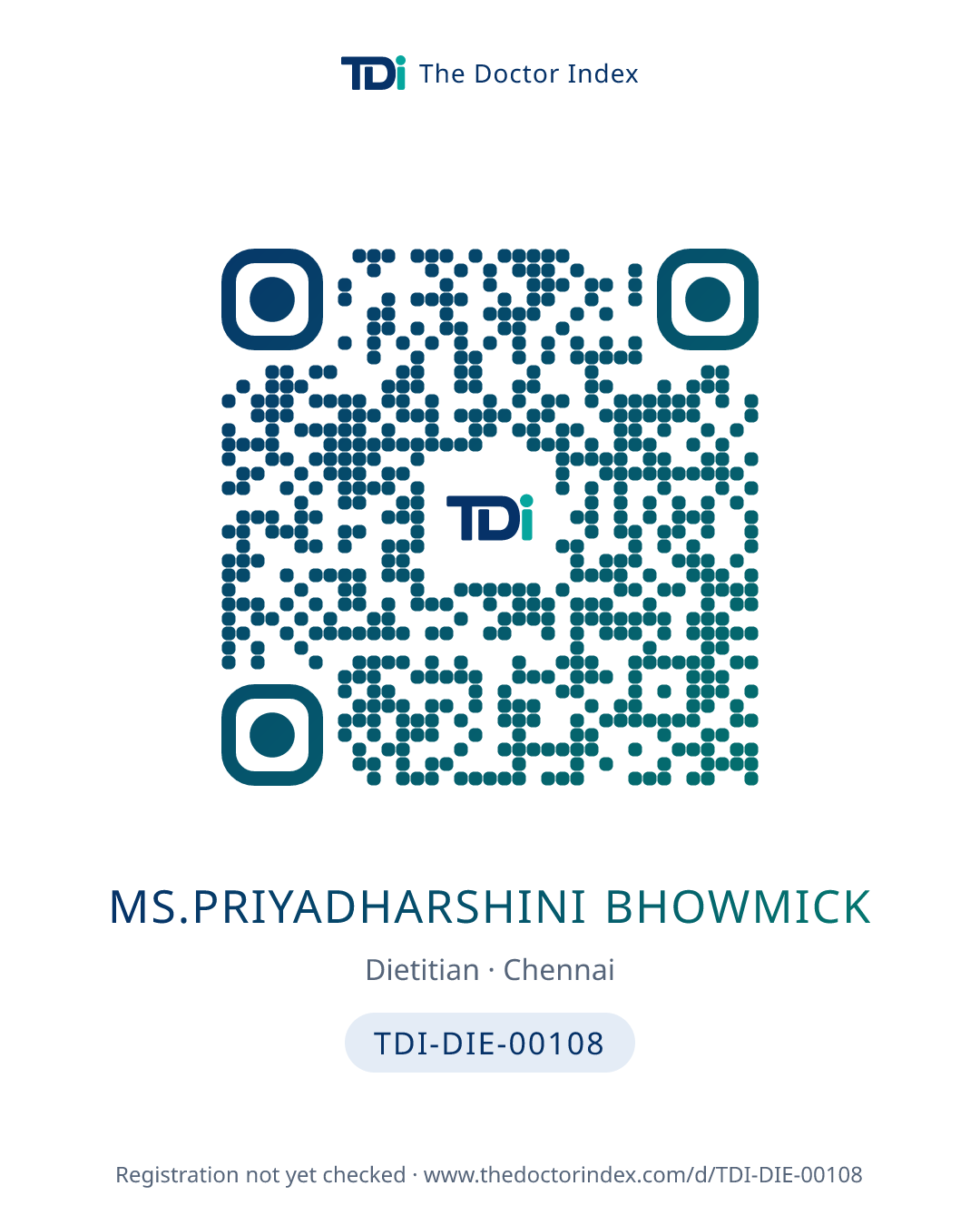 QR card for Ms.priyadharshini Bhowmick, TDI-DIE-00108