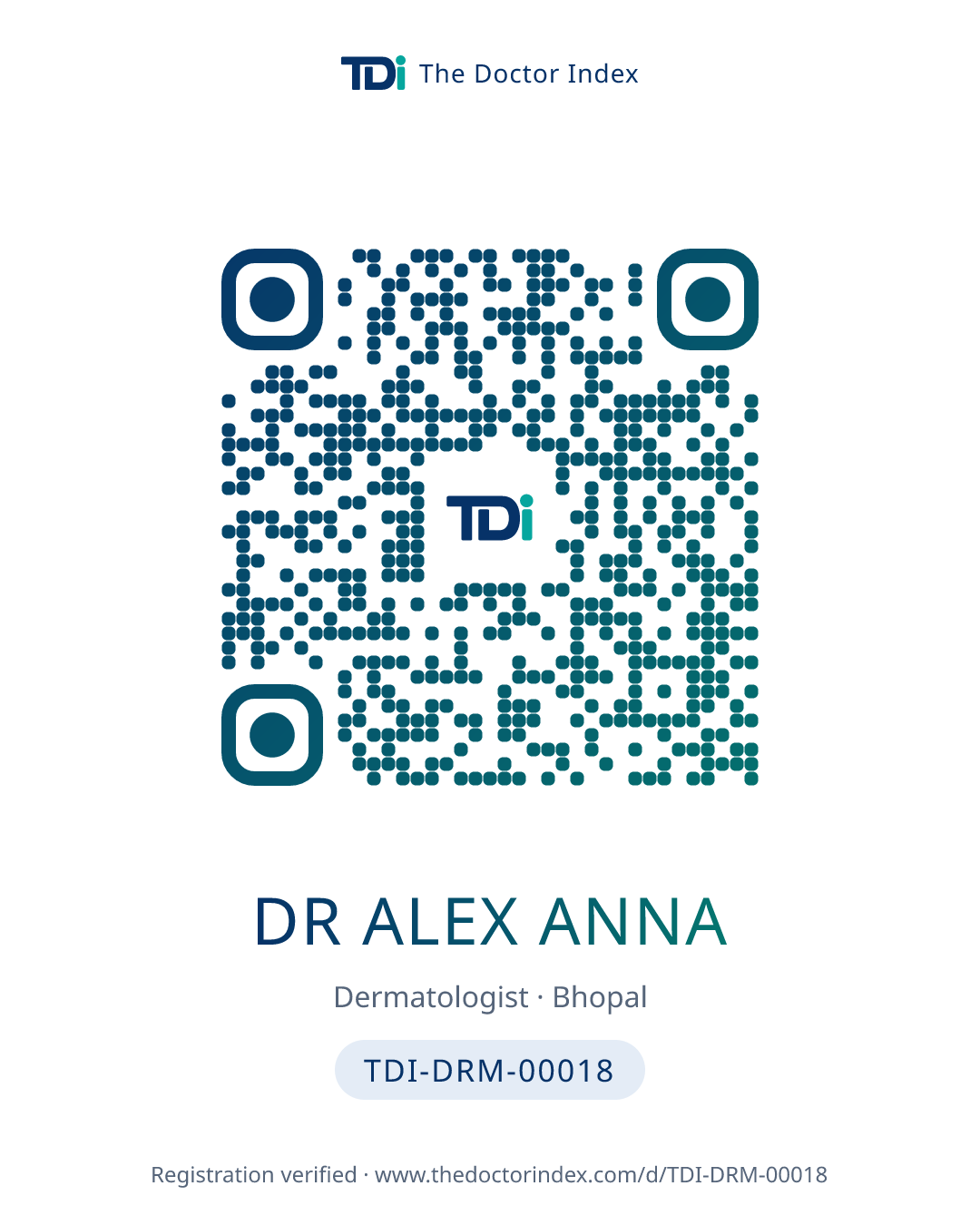 QR card for Dr Alex Anna, TDI-DRM-00018