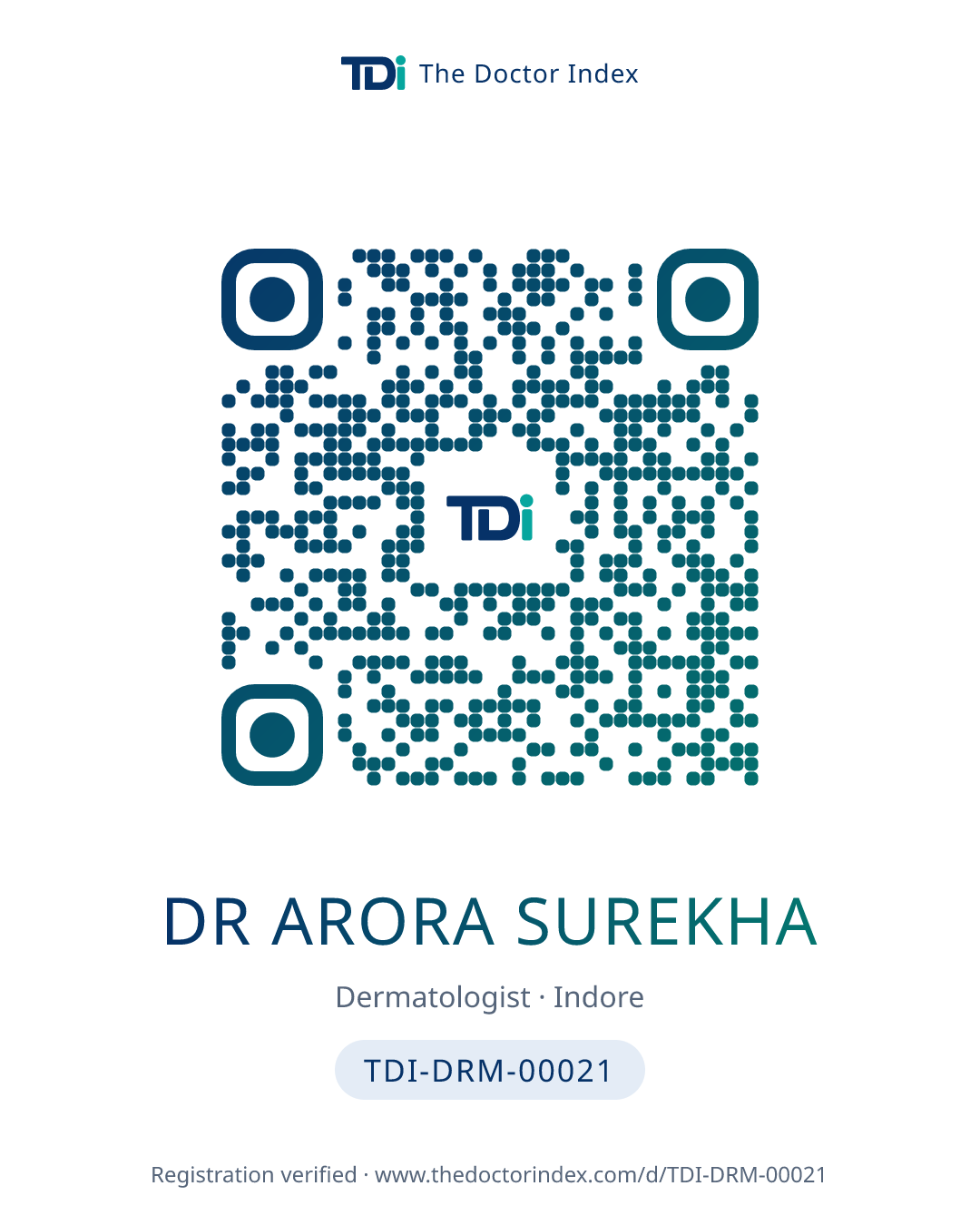 QR card for Dr Arora Surekha, TDI-DRM-00021