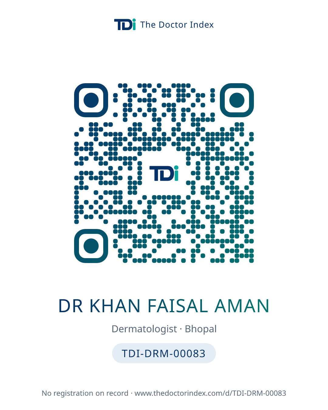 QR card for Dr Khan Faisal Aman, TDI-DRM-00083