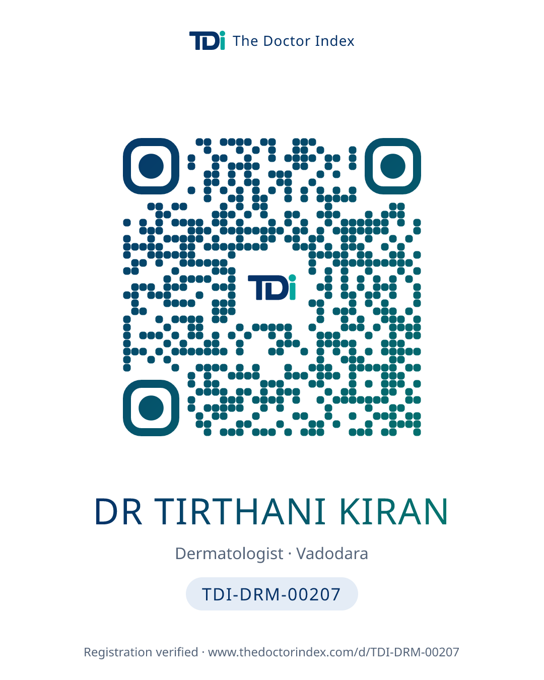 QR card for Dr Tirthani Kiran, TDI-DRM-00207