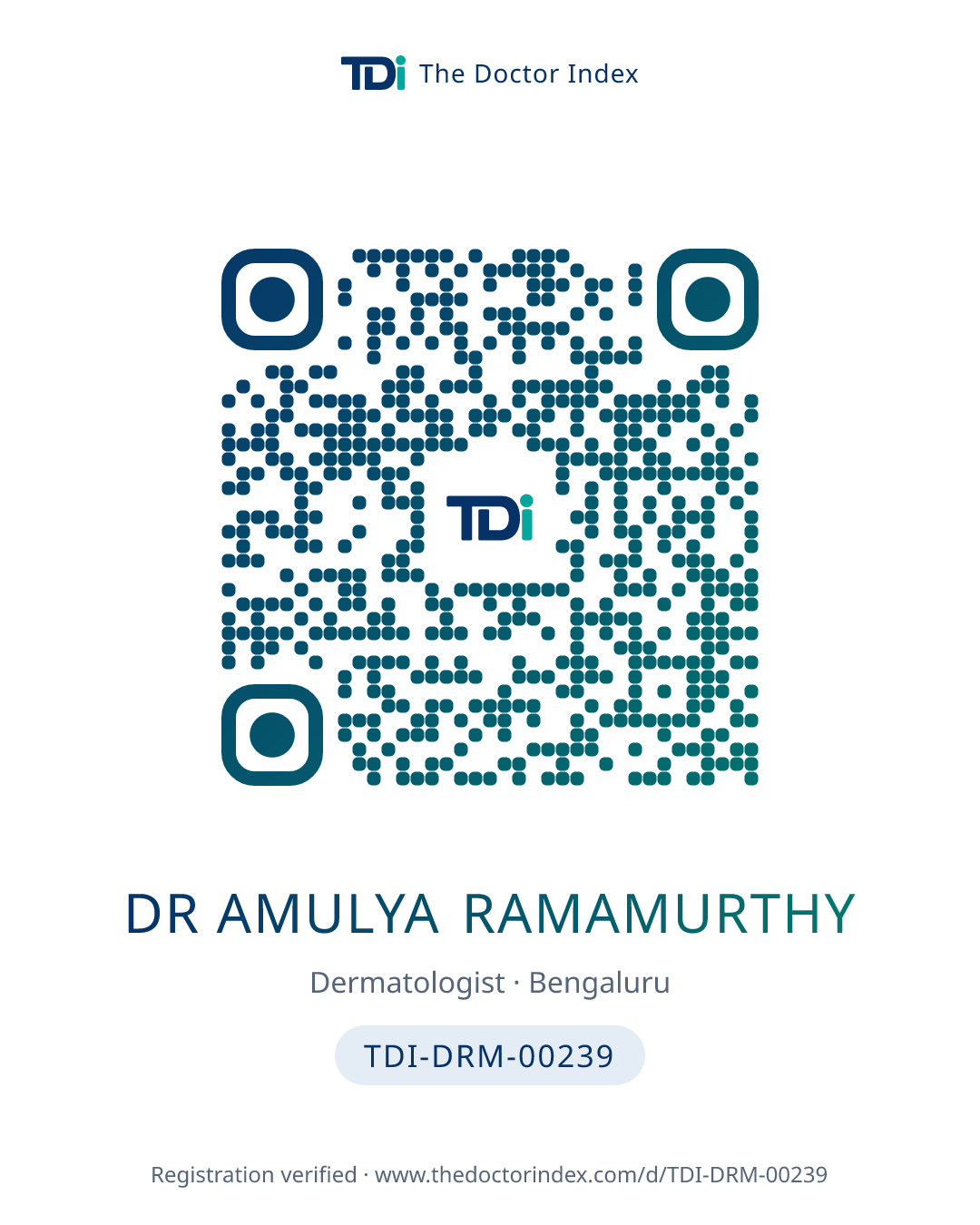 QR card for Dr Amulya Ramamurthy, TDI-DRM-00239