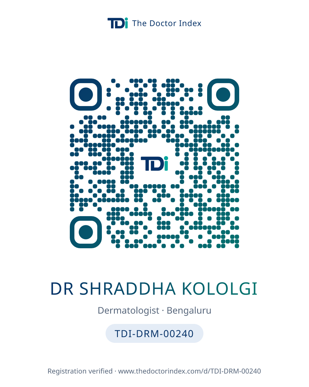 QR card for Dr Shraddha Kololgi, TDI-DRM-00240