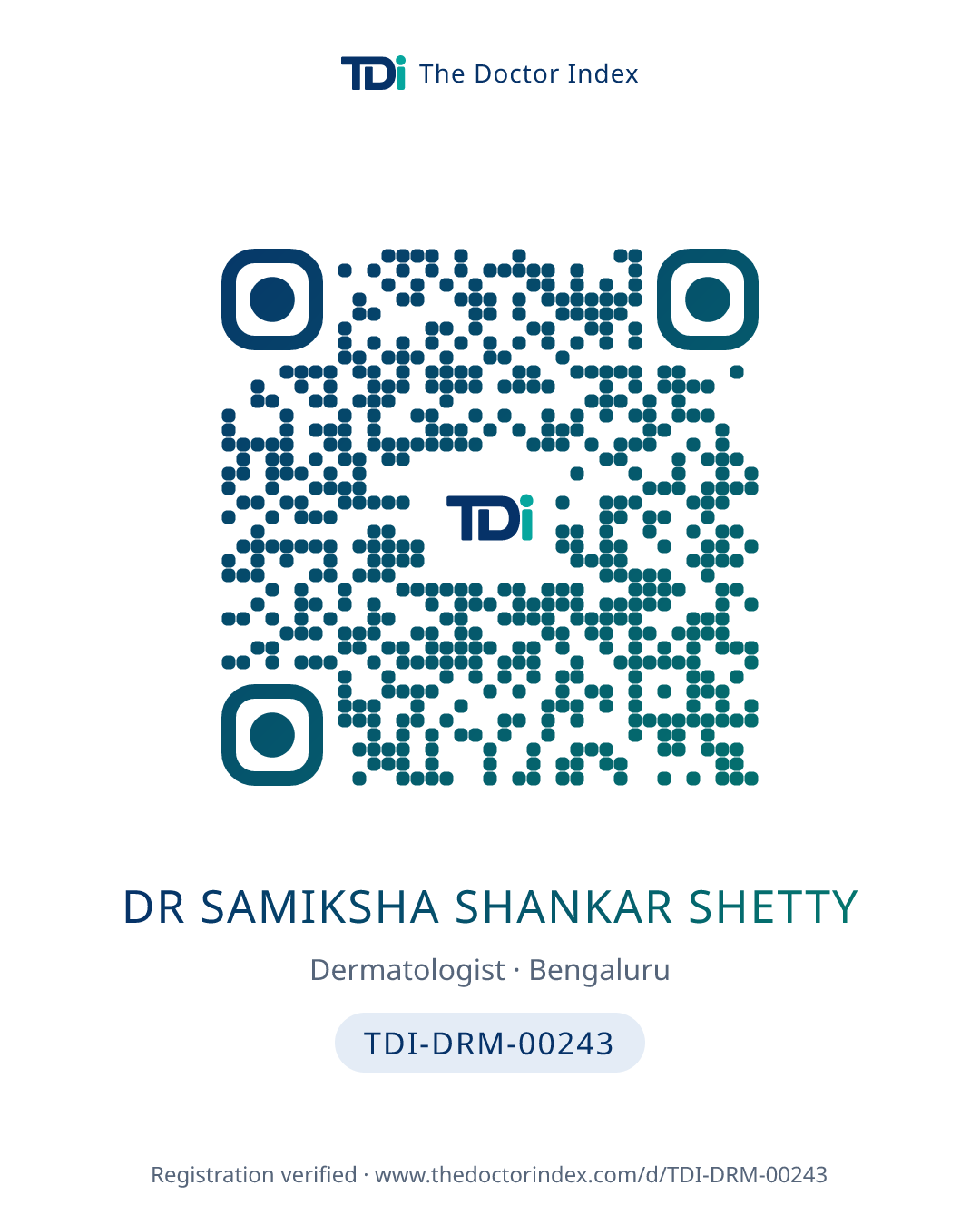 QR card for Dr Samiksha Shankar Shetty, TDI-DRM-00243