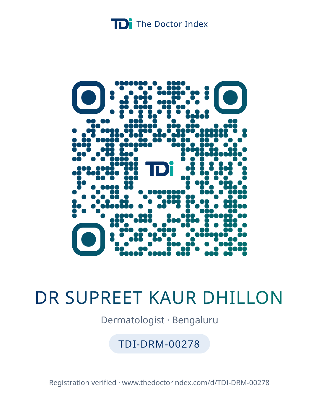 QR card for Dr Supreet Kaur Dhillon, TDI-DRM-00278