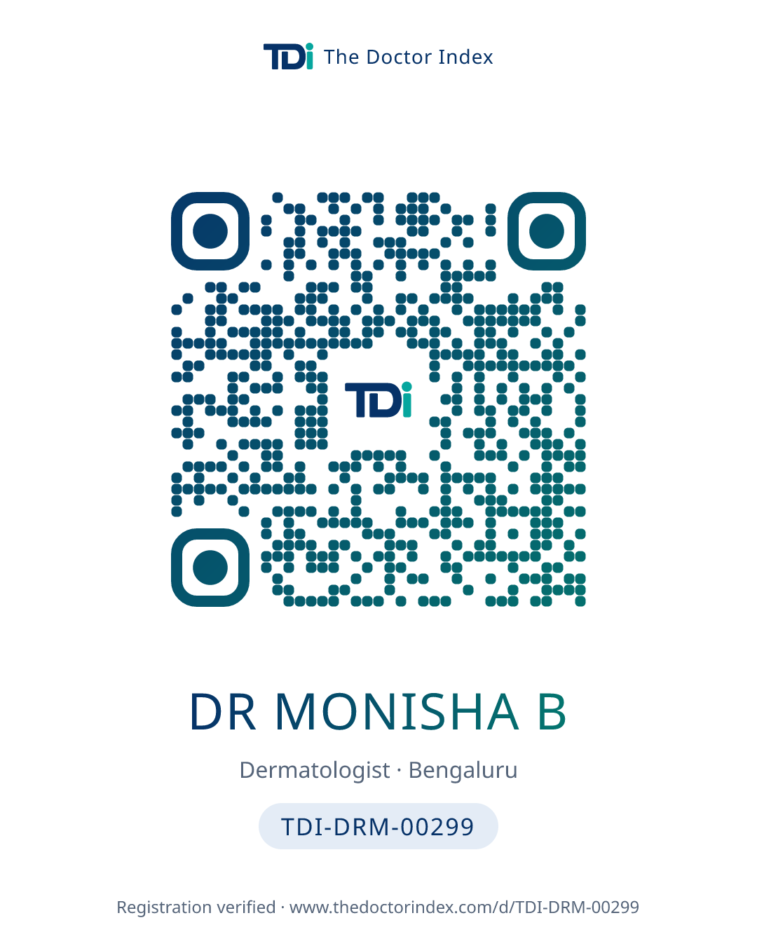 QR card for Dr Monisha B, TDI-DRM-00299