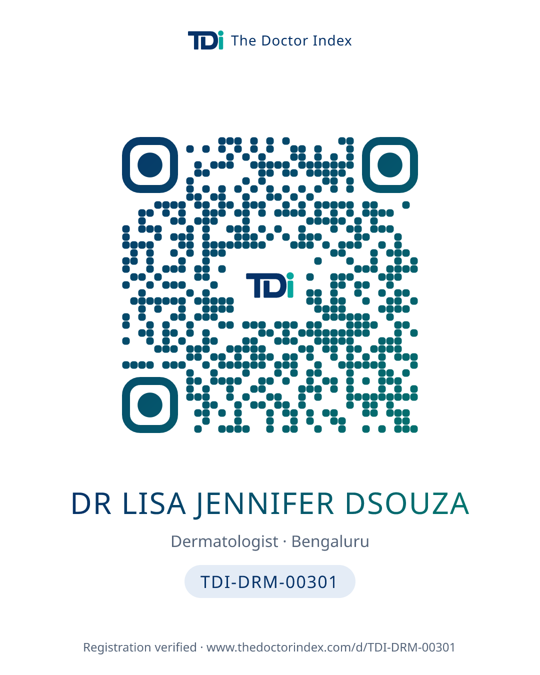 QR card for Dr Lisa Jennifer Dsouza, TDI-DRM-00301