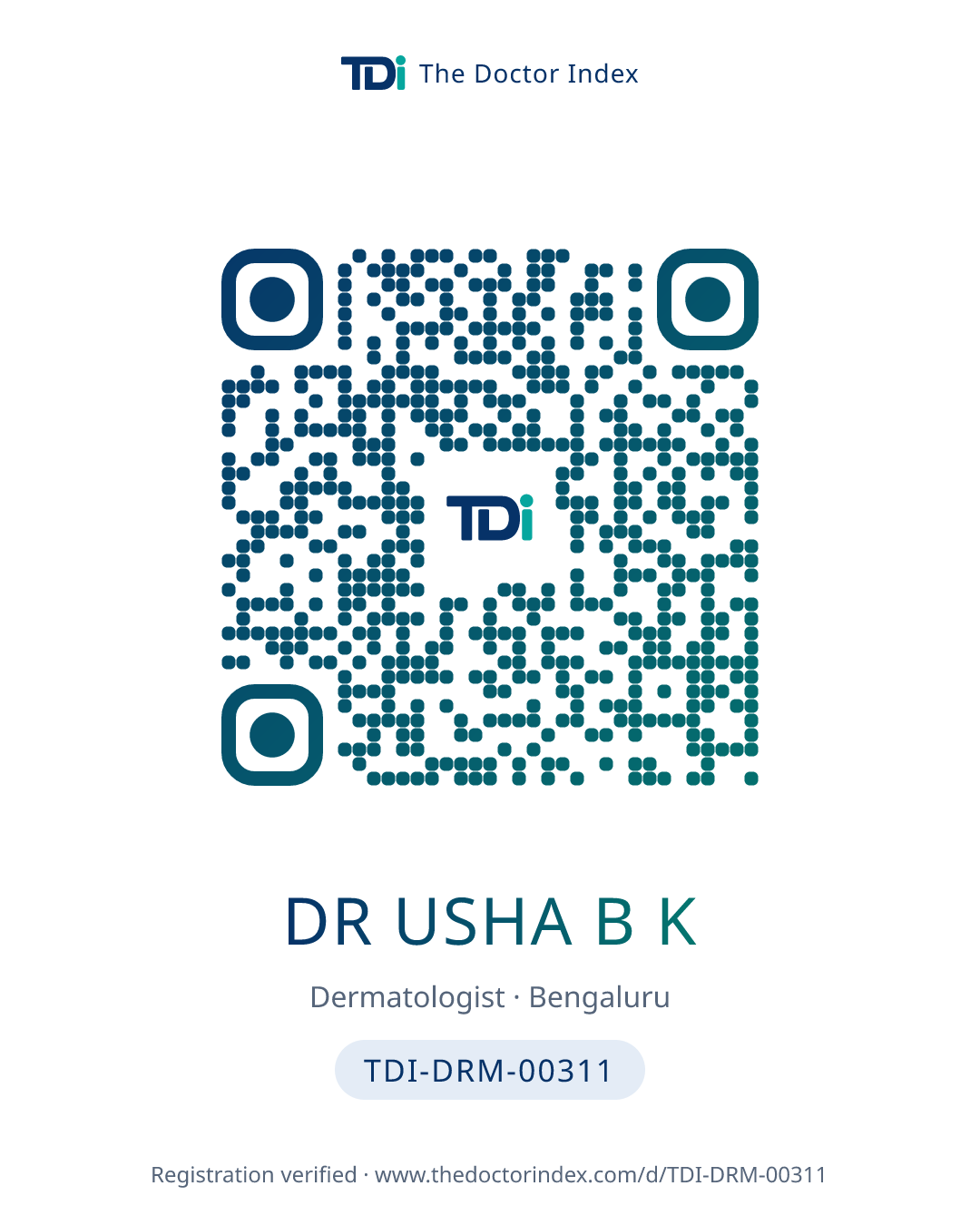 QR card for Dr Usha B K, TDI-DRM-00311