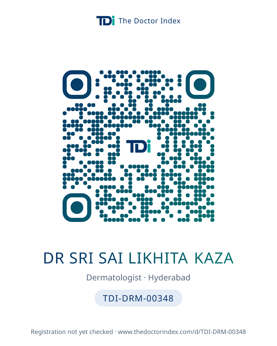 QR card for Dr Sri Sai Likhita Kaza, TDI-DRM-00348