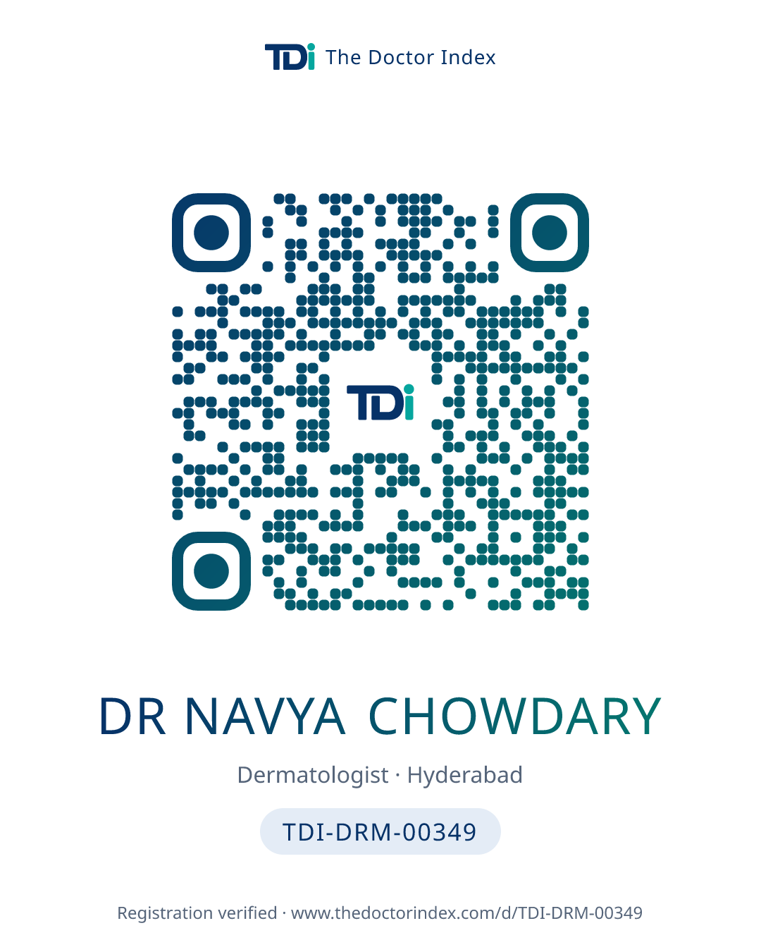 QR card for Dr Navya Chowdary, TDI-DRM-00349