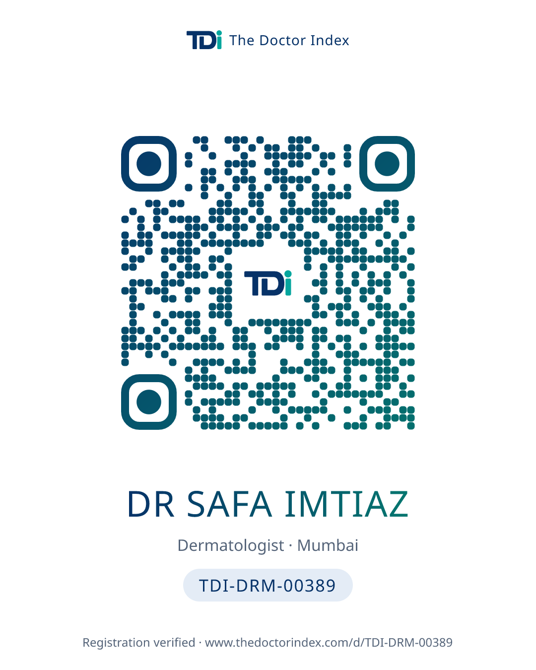 QR card for Dr Safa Imtiaz, TDI-DRM-00389