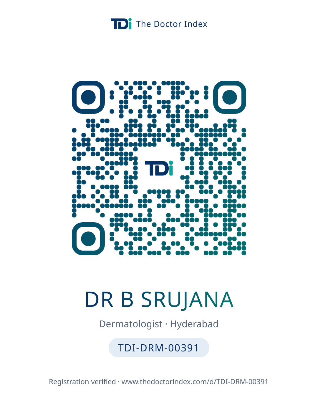 QR card for Dr B Srujana, TDI-DRM-00391