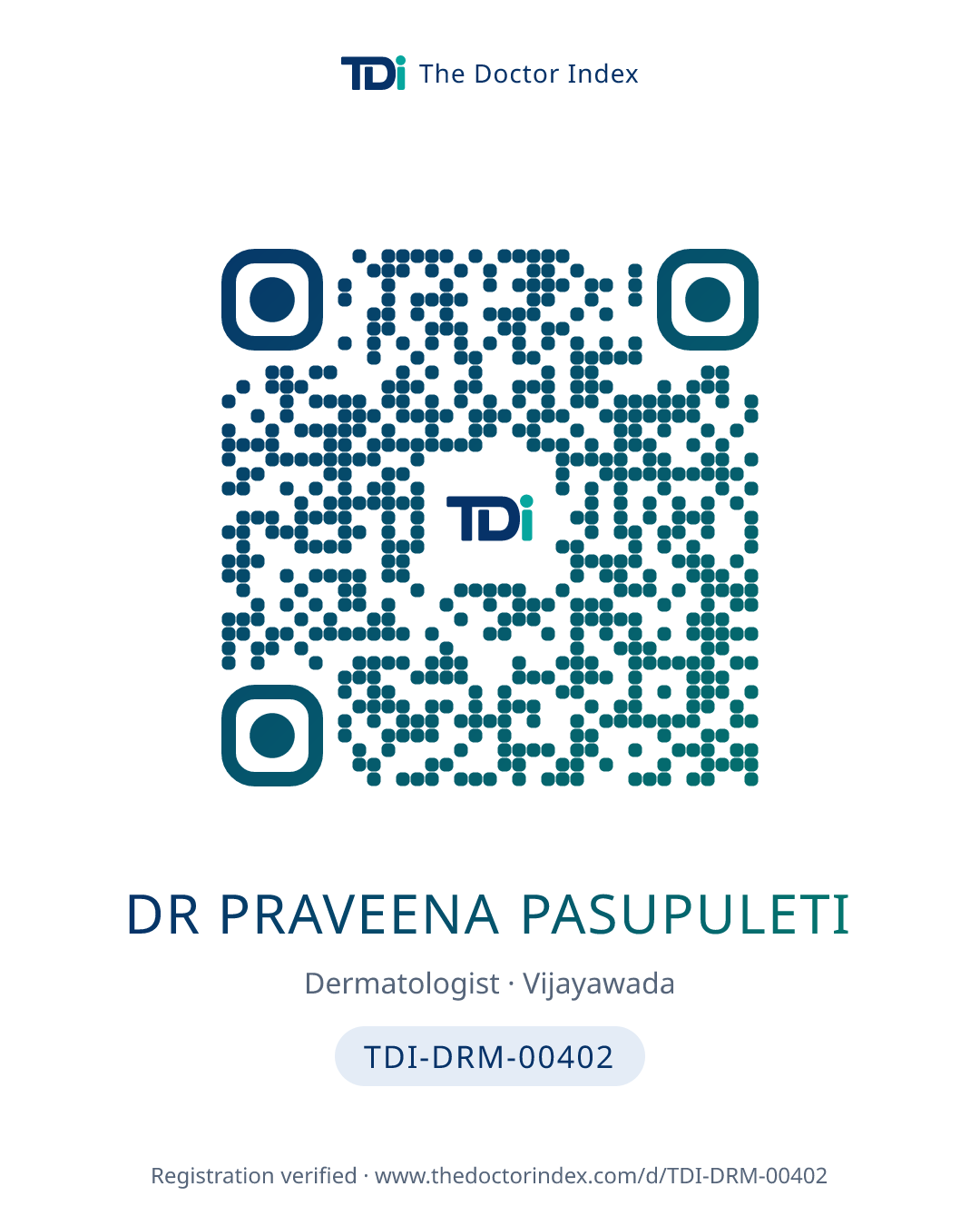 QR card for Dr Praveena Pasupuleti, TDI-DRM-00402