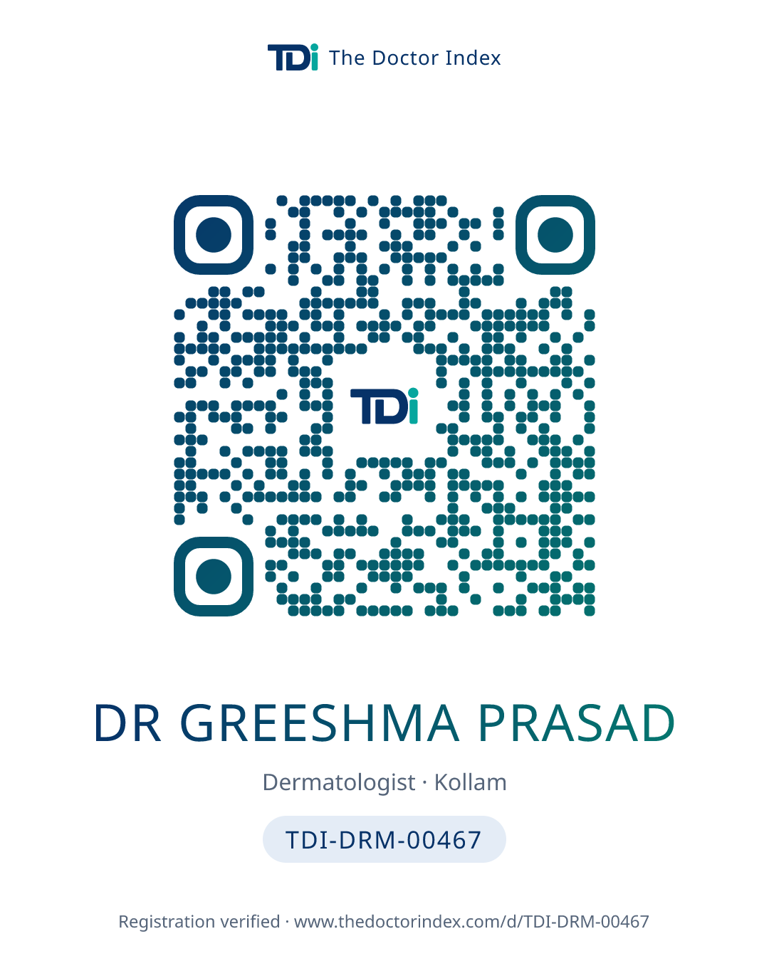 QR card for Dr Greeshma Prasad, TDI-DRM-00467