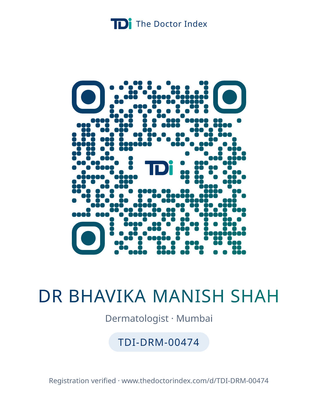 QR card for Dr Bhavika Manish Shah, TDI-DRM-00474