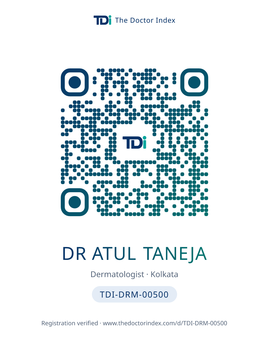 QR card for Dr Atul Taneja, TDI-DRM-00500