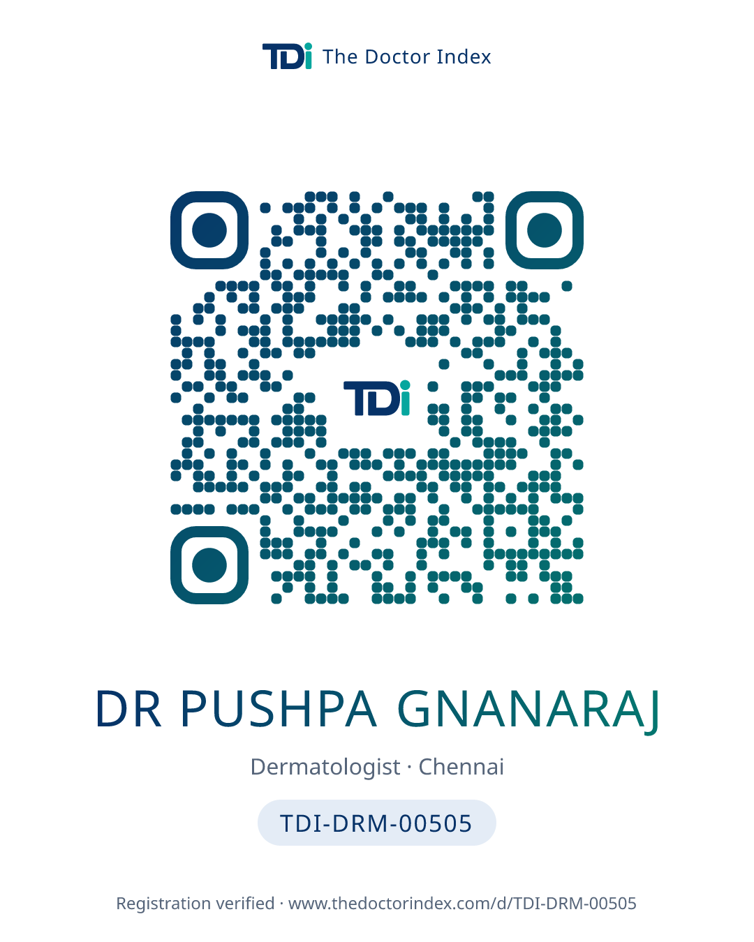 QR card for Dr Pushpa Gnanaraj, TDI-DRM-00505