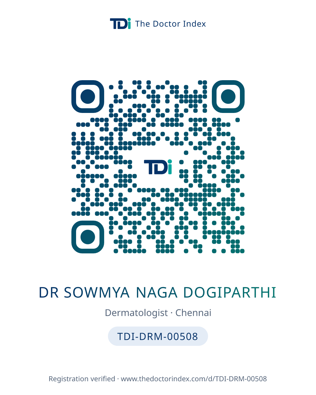 QR card for Dr Sowmya Naga Dogiparthi, TDI-DRM-00508