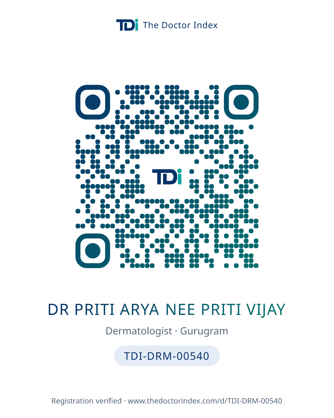 QR card for Dr Priti Arya Nee Priti Vijay, TDI-DRM-00540
