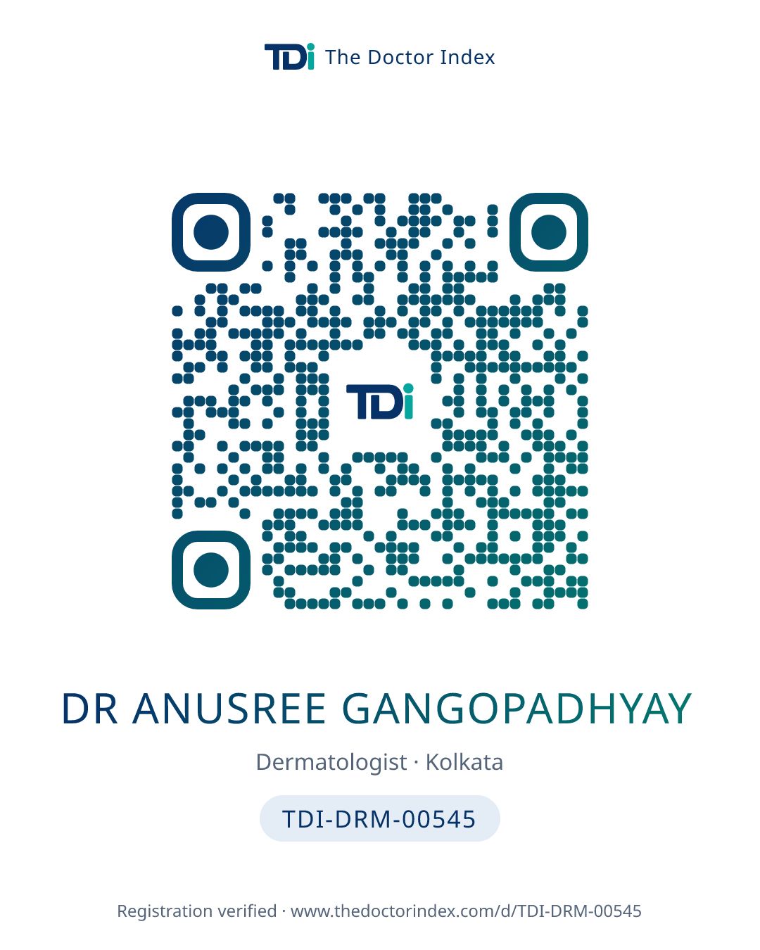 QR card for Dr Anusree Gangopadhyay, TDI-DRM-00545
