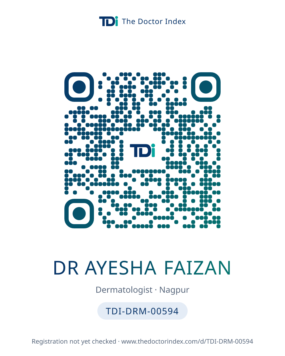 QR card for Dr Ayesha Faizan, TDI-DRM-00594