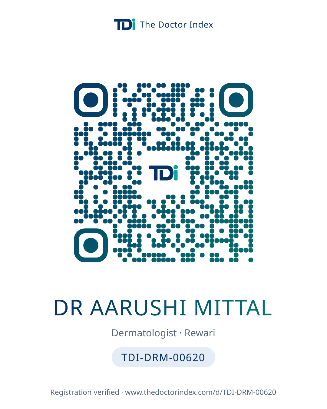 QR card for Dr Aarushi Mittal, TDI-DRM-00620