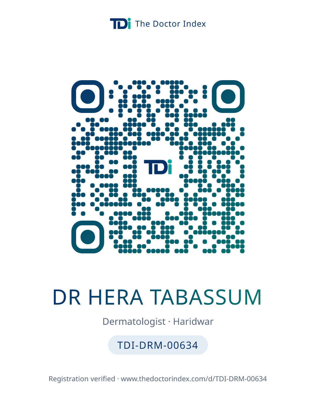 QR card for Dr Hera Tabassum, TDI-DRM-00634
