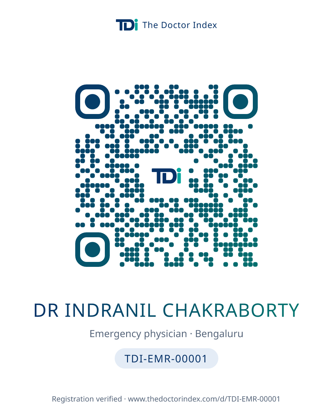 QR card for Dr Indranil Chakraborty, TDI-EMR-00001