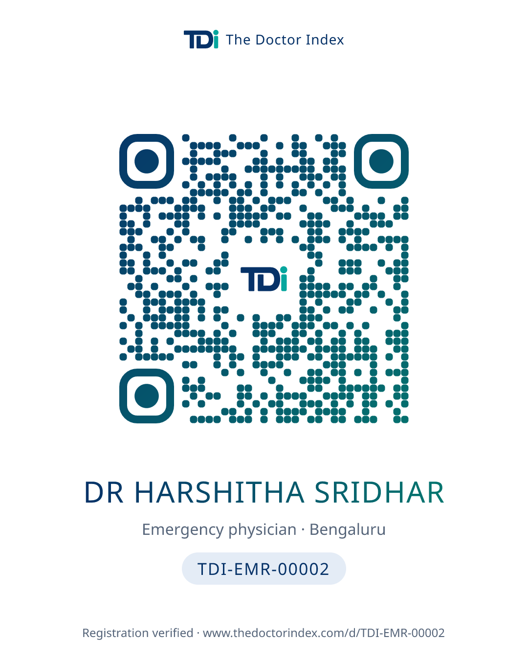 QR card for Dr Harshitha Sridhar, TDI-EMR-00002