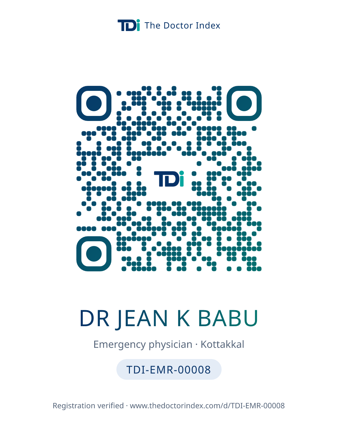 QR card for Dr Jean K Babu, TDI-EMR-00008