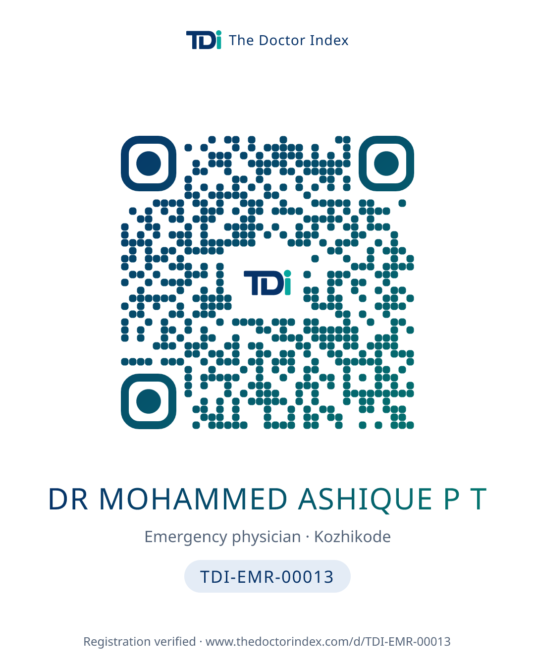 QR card for Dr Mohammed Ashique P T, TDI-EMR-00013