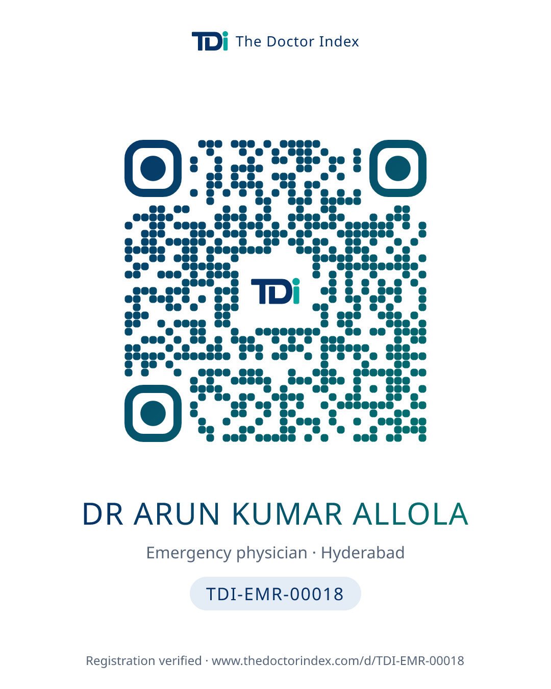 QR card for Dr Arun kumar Allola, TDI-EMR-00018